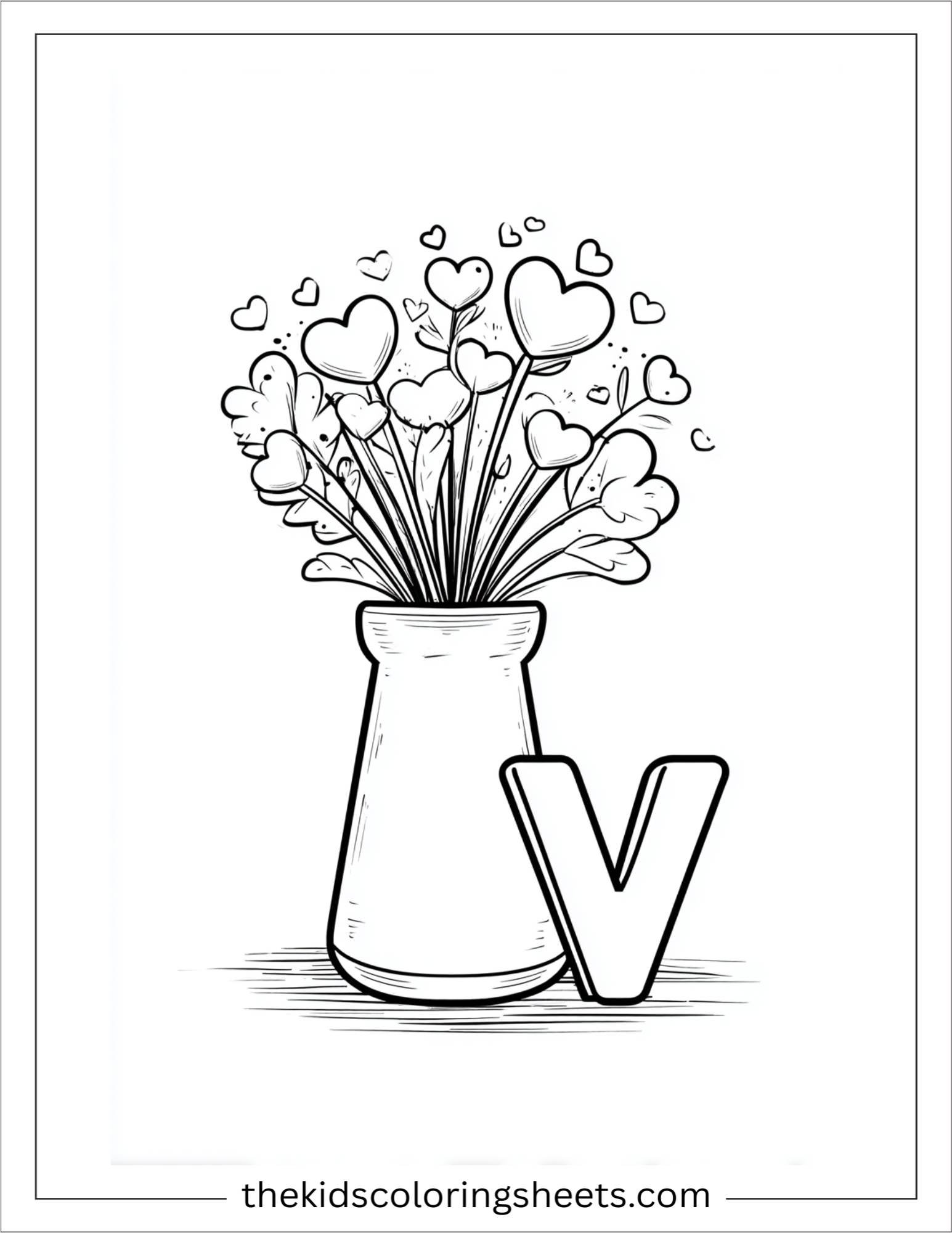 alphabet V vase heart coloring page