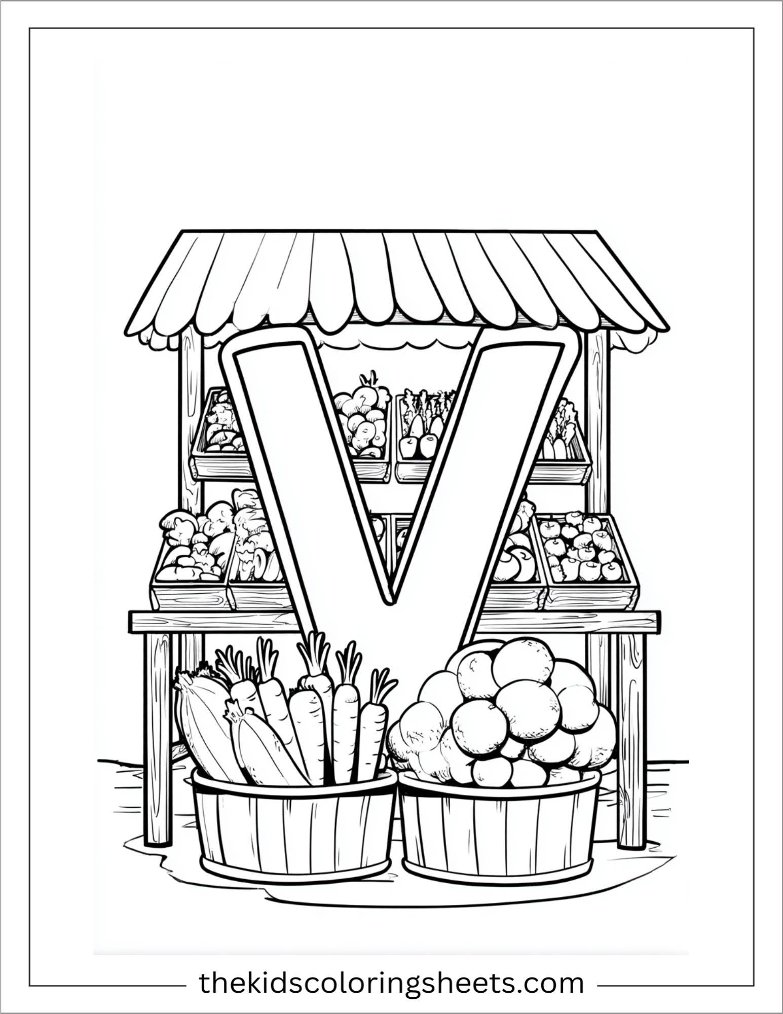 alphabet V vegetable market coloring page