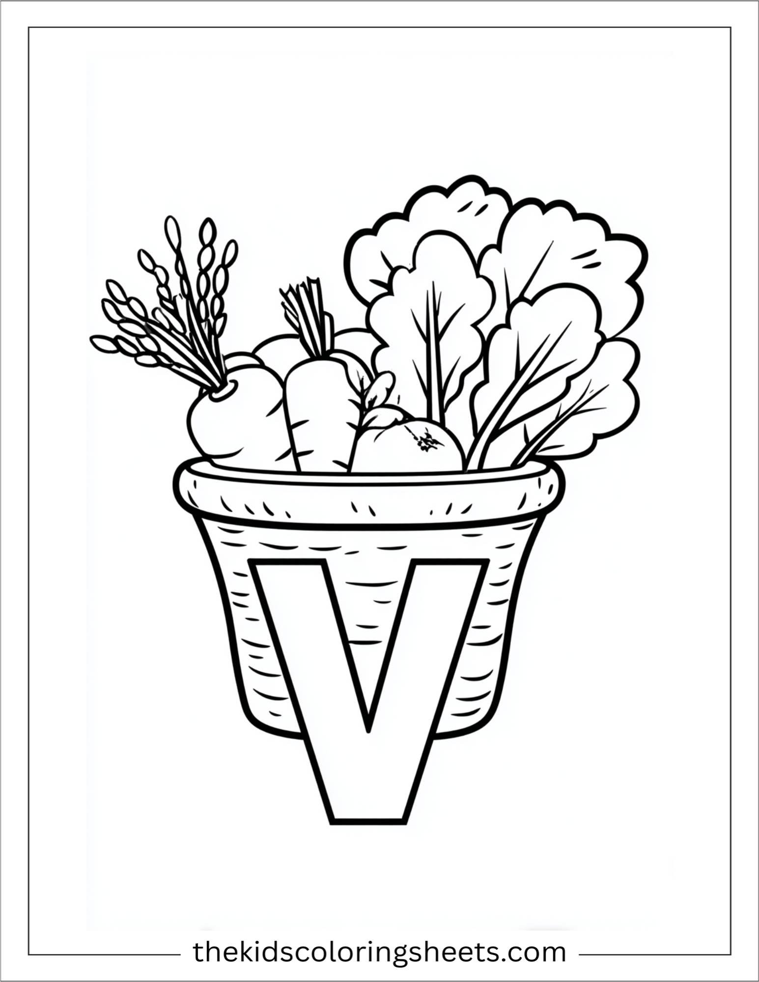 alphabet V vegetables basket coloring page