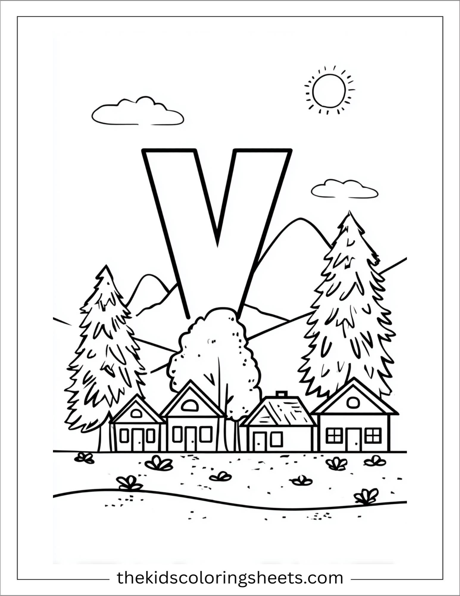 alphabet V village coloring page