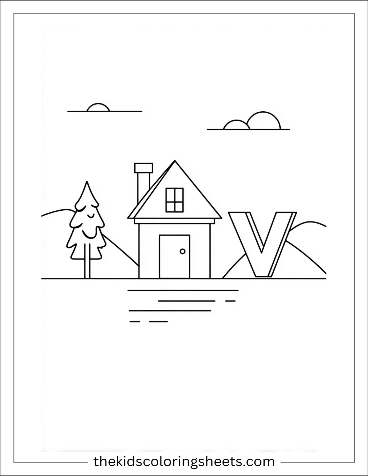 alphabet V village house coloring page