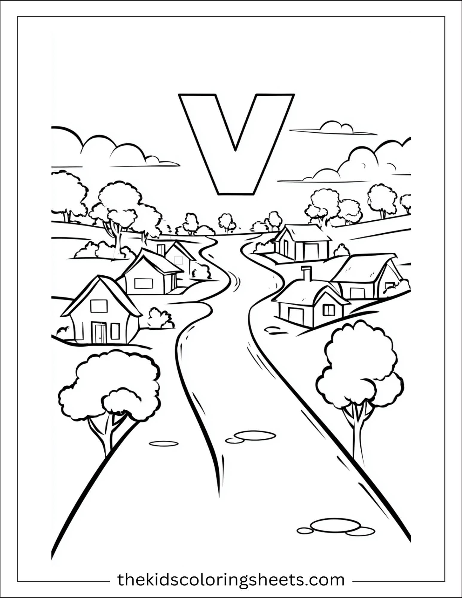 alphabet V village river coloring page