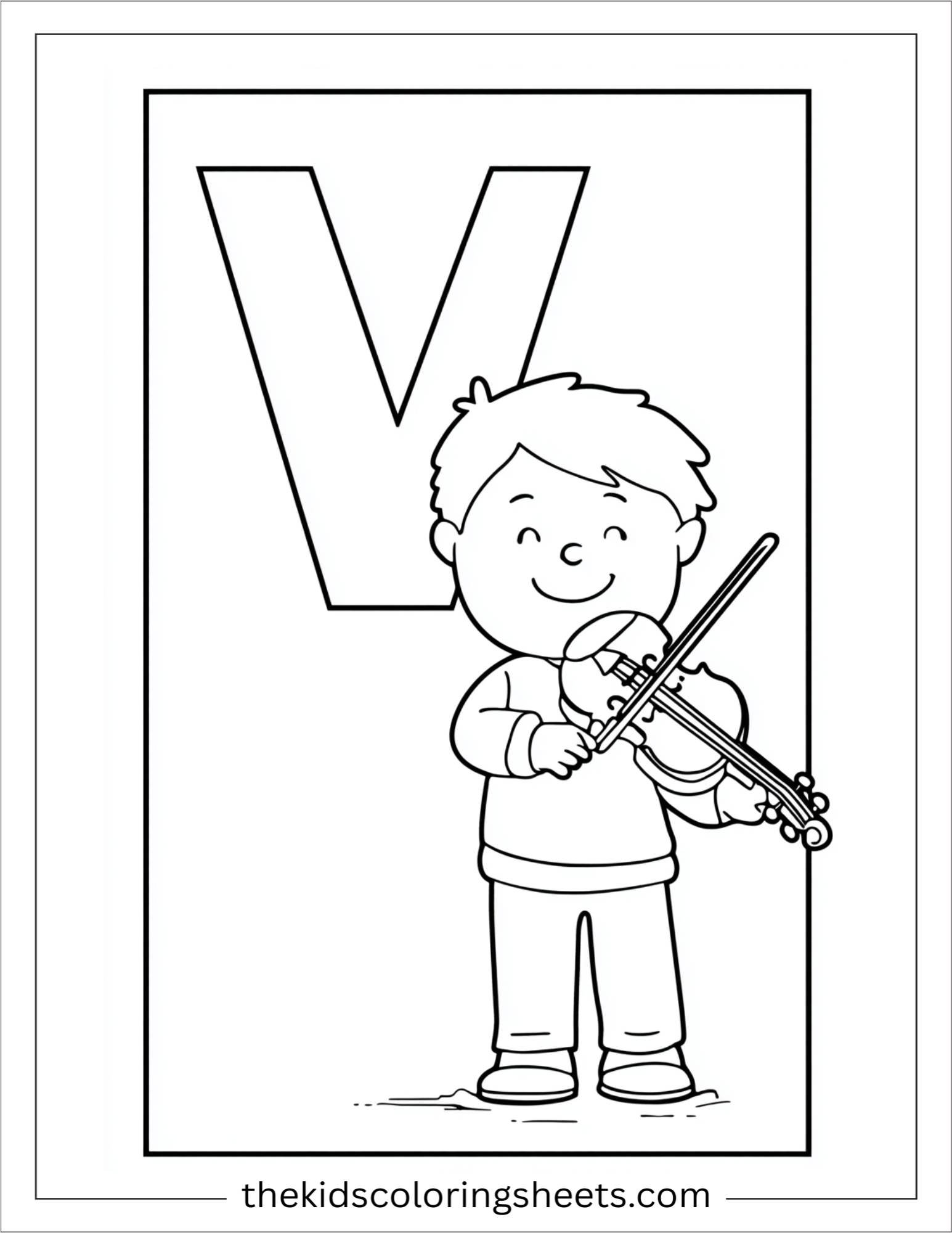 alphabet V violin player coloring page