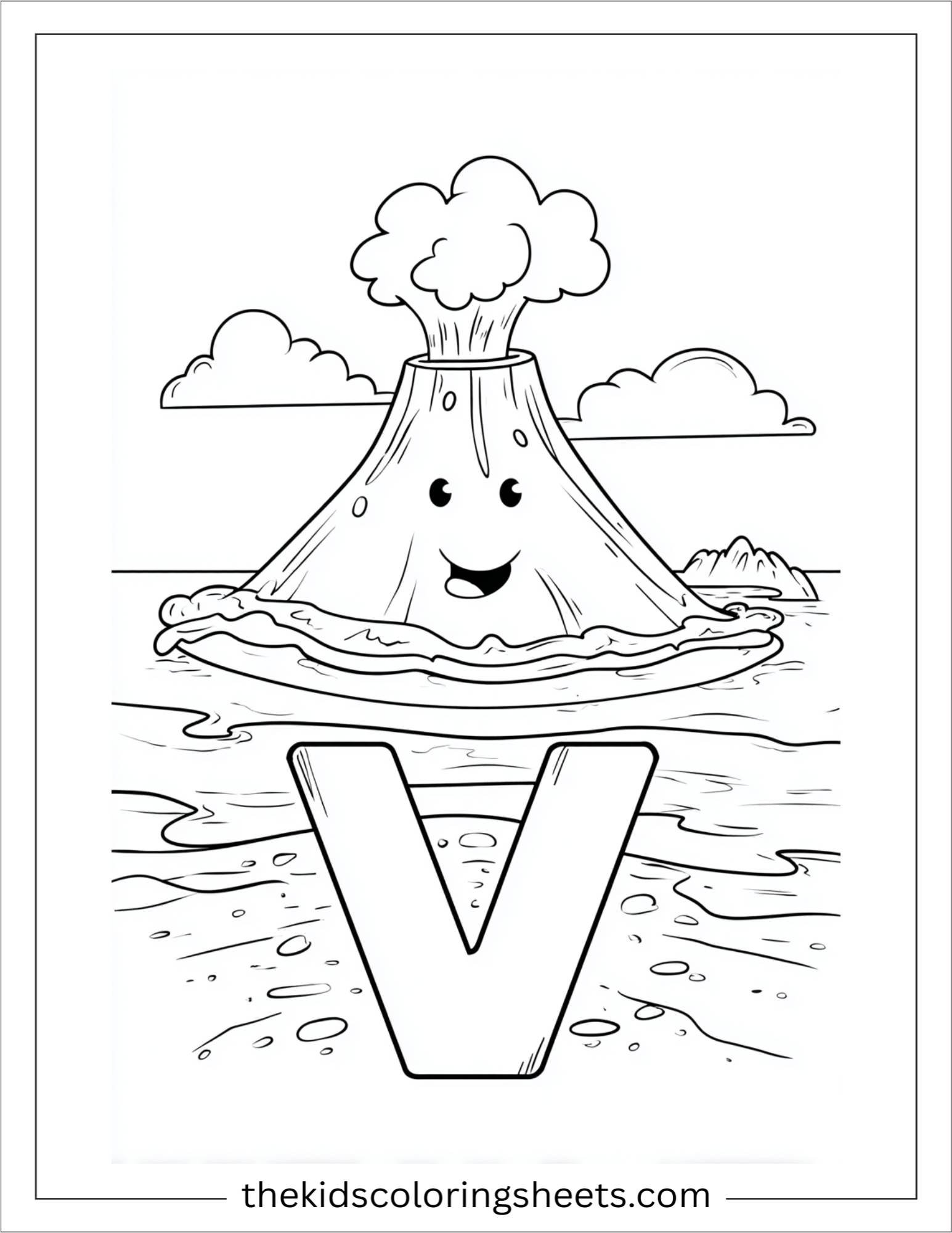 alphabet V volcano island coloring page