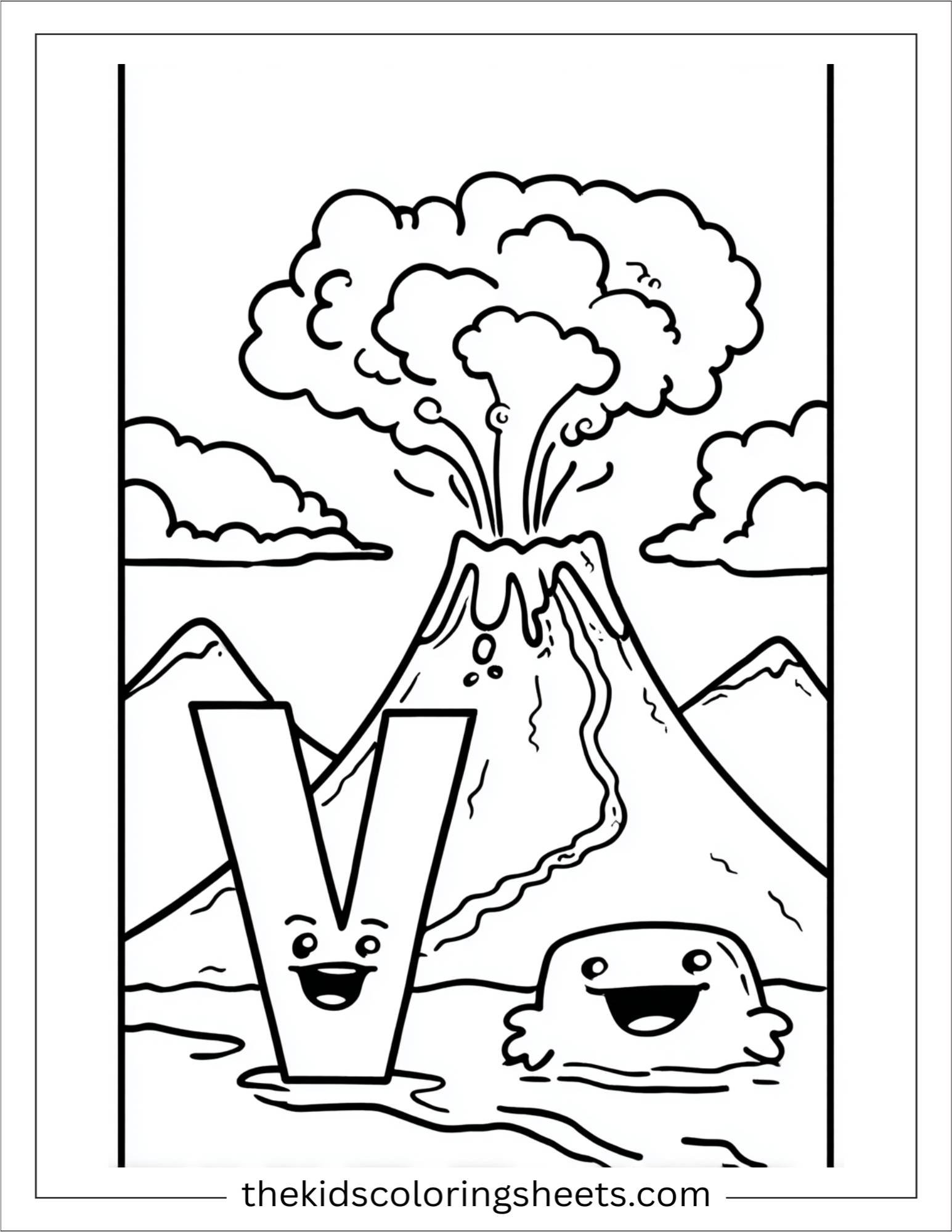 alphabet V volcano lava coloring page