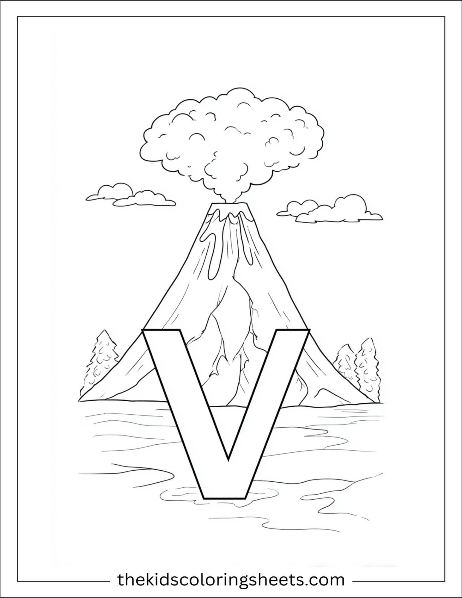 alphabet V volcano mountain coloring page