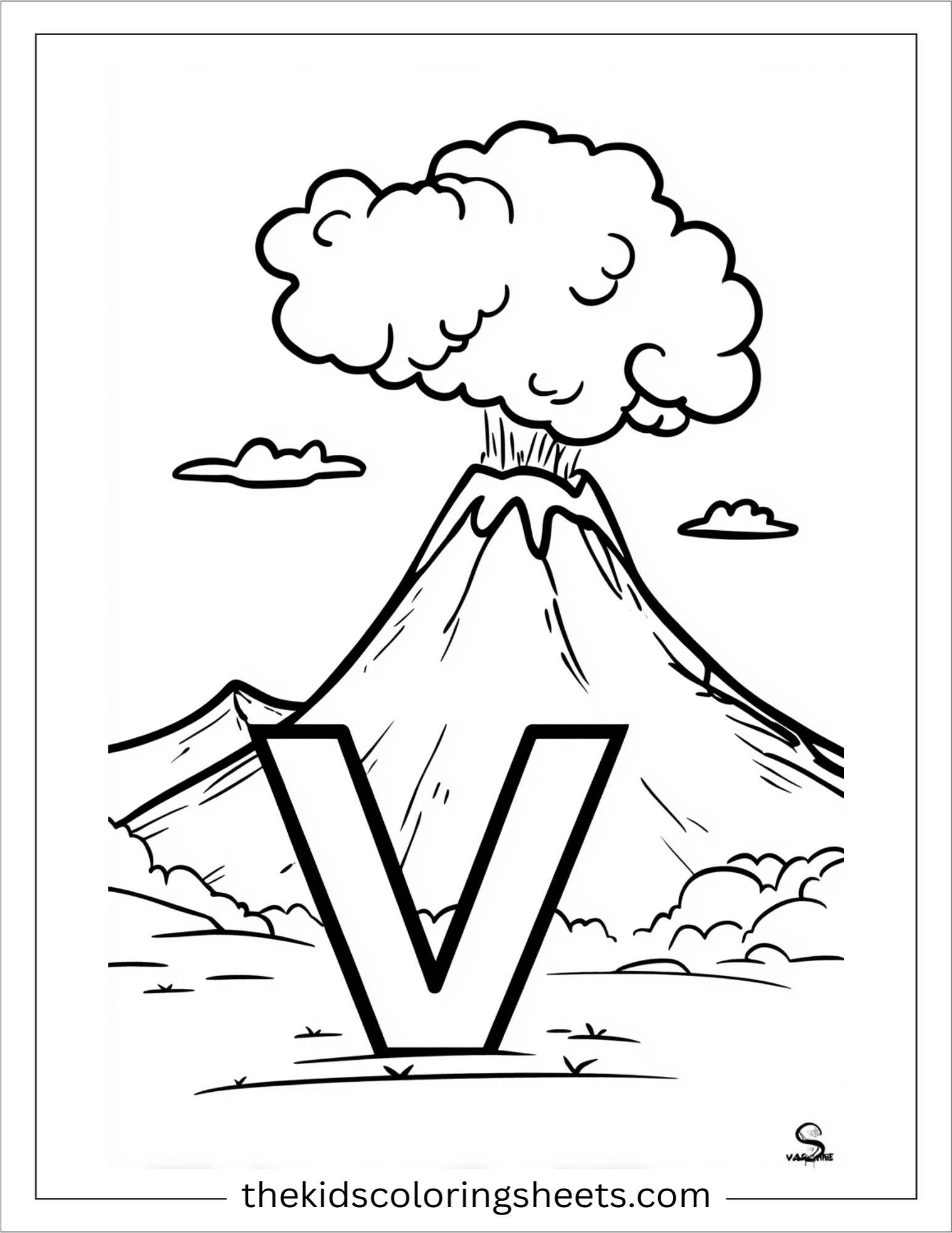 alphabet V volcano smoke coloring page
