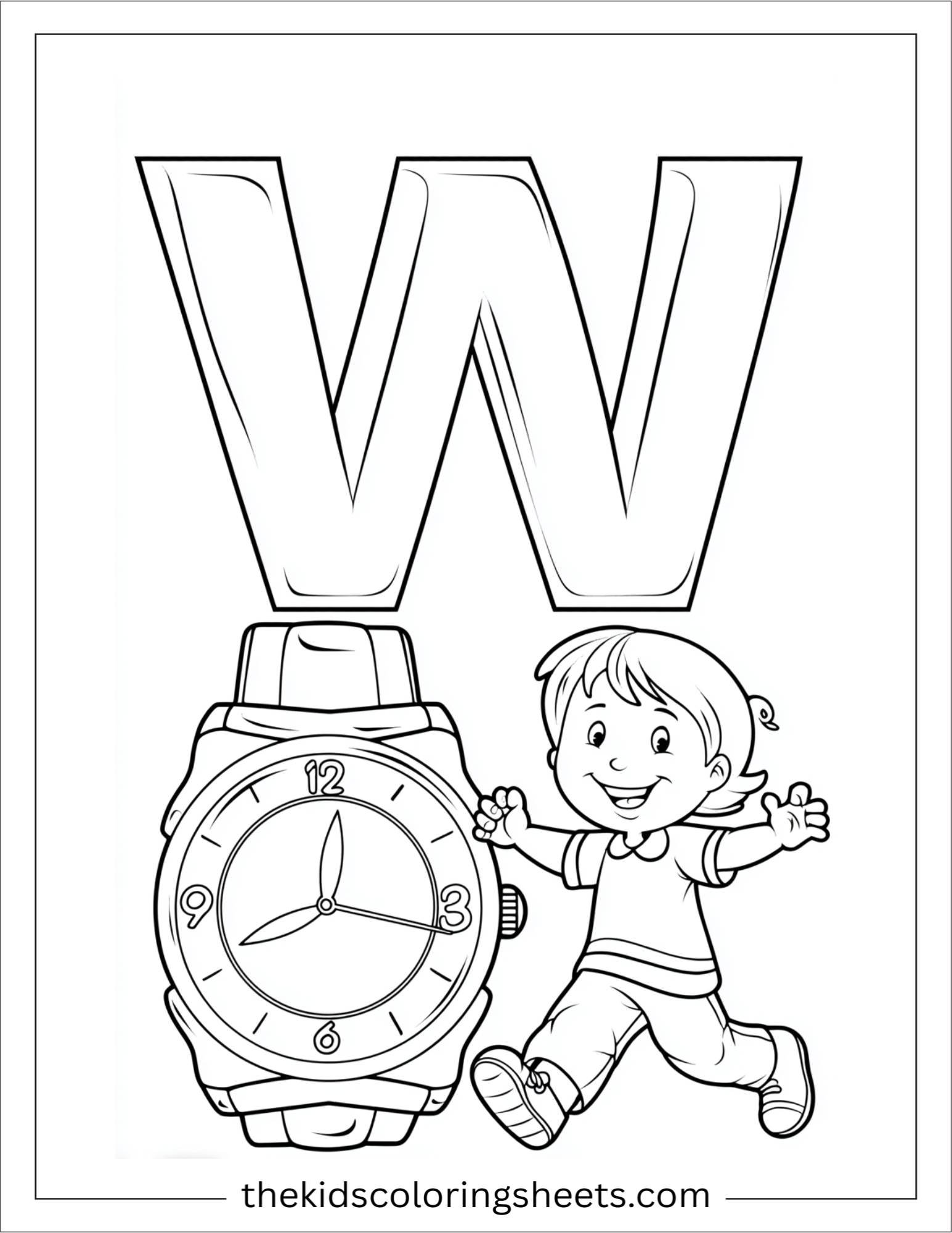 alphabet W watch alarm coloring page