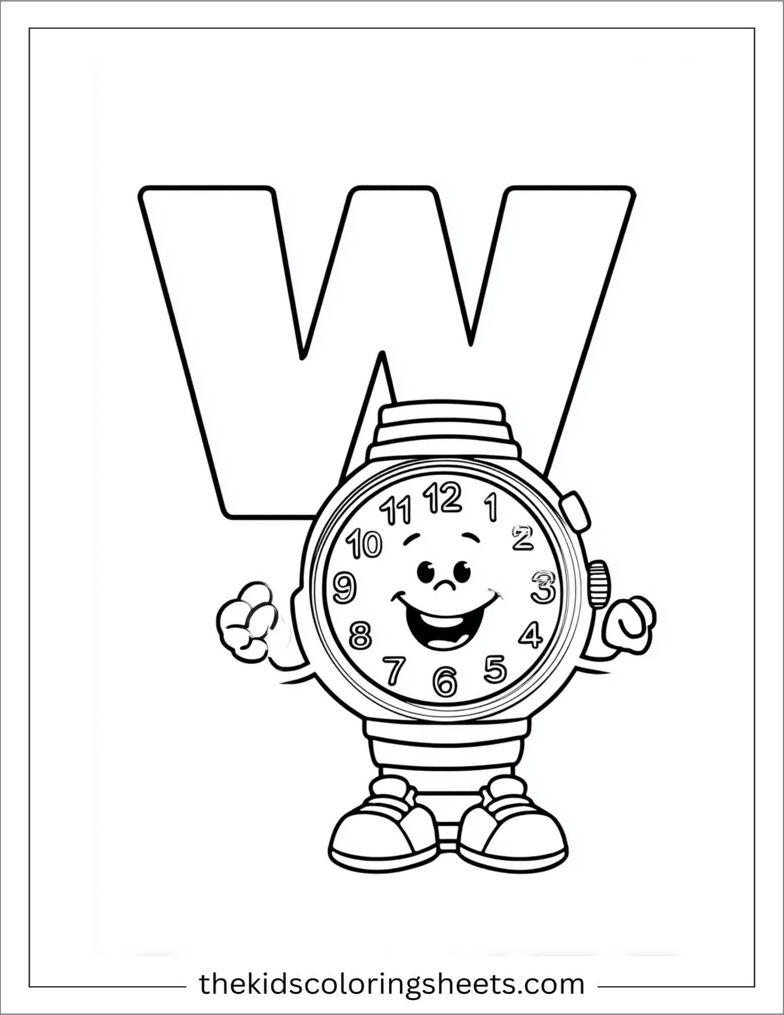 alphabet W watch clock coloring page