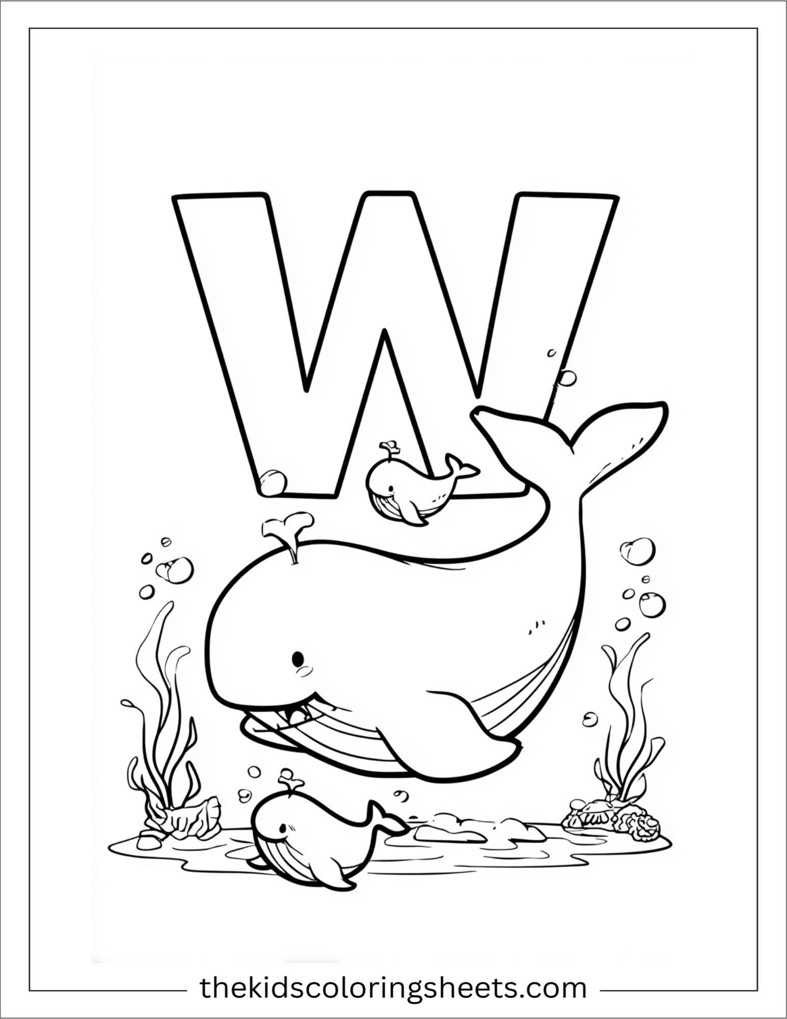alphabet W whale family coloring page