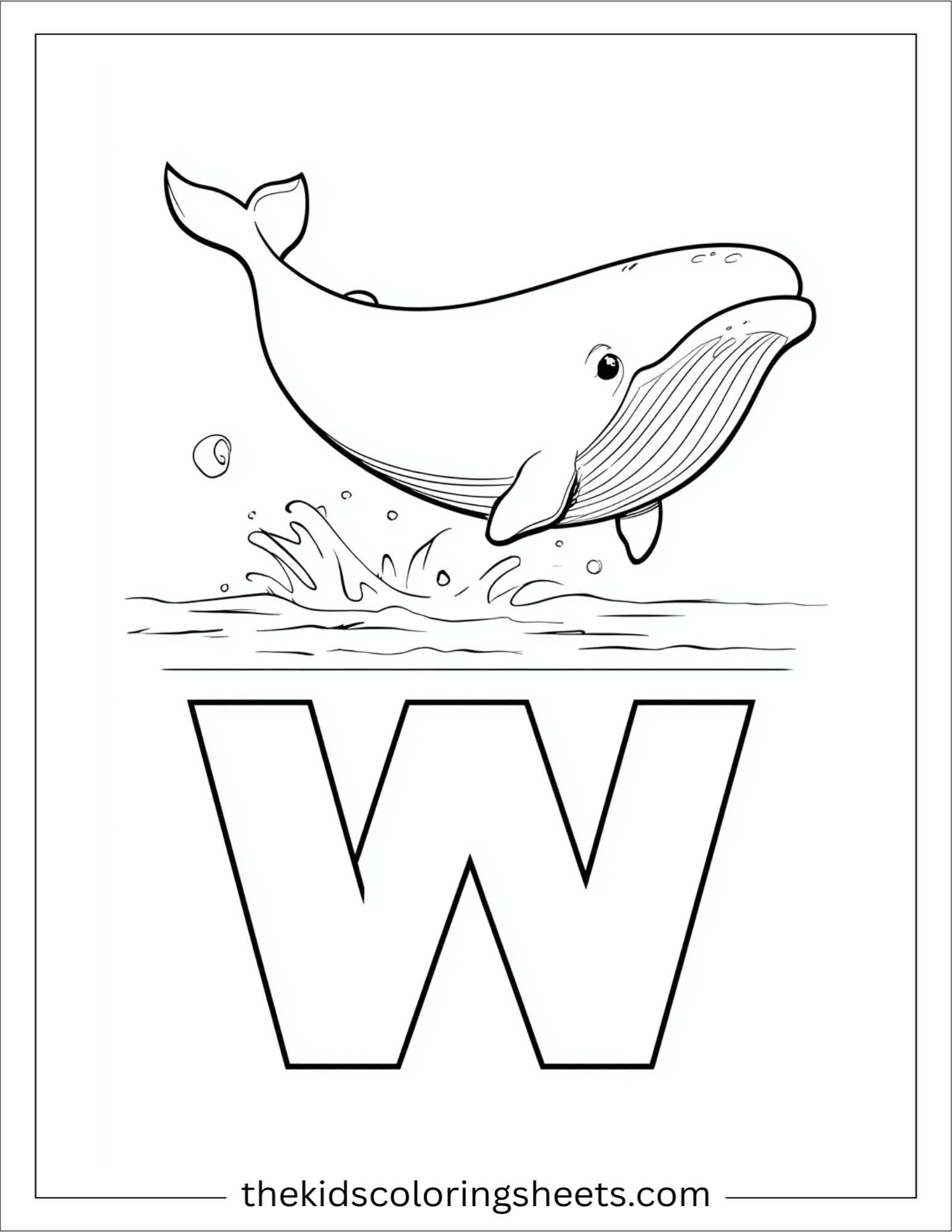 alphabet W whale splash coloring page