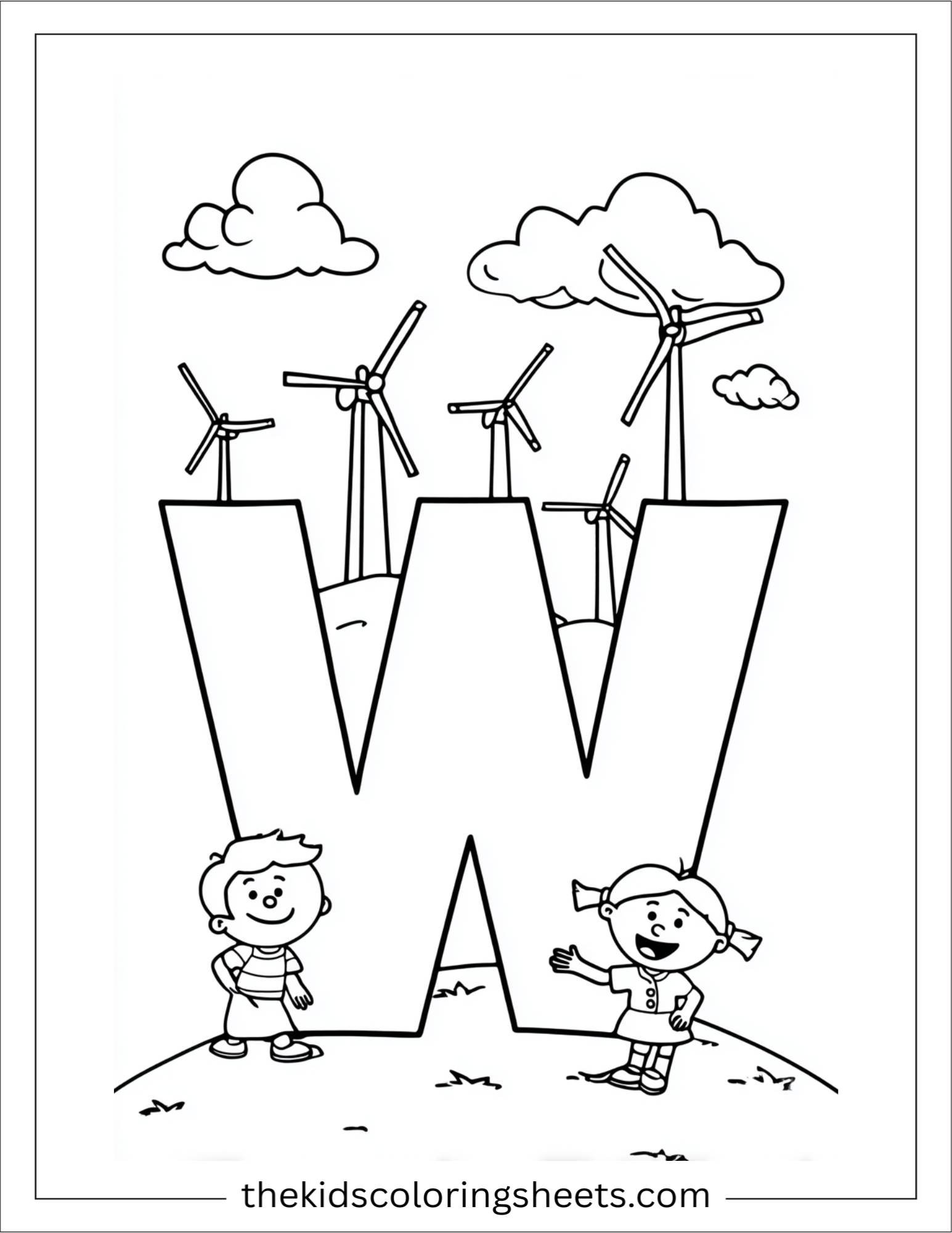 alphabet W windmill farm coloring page