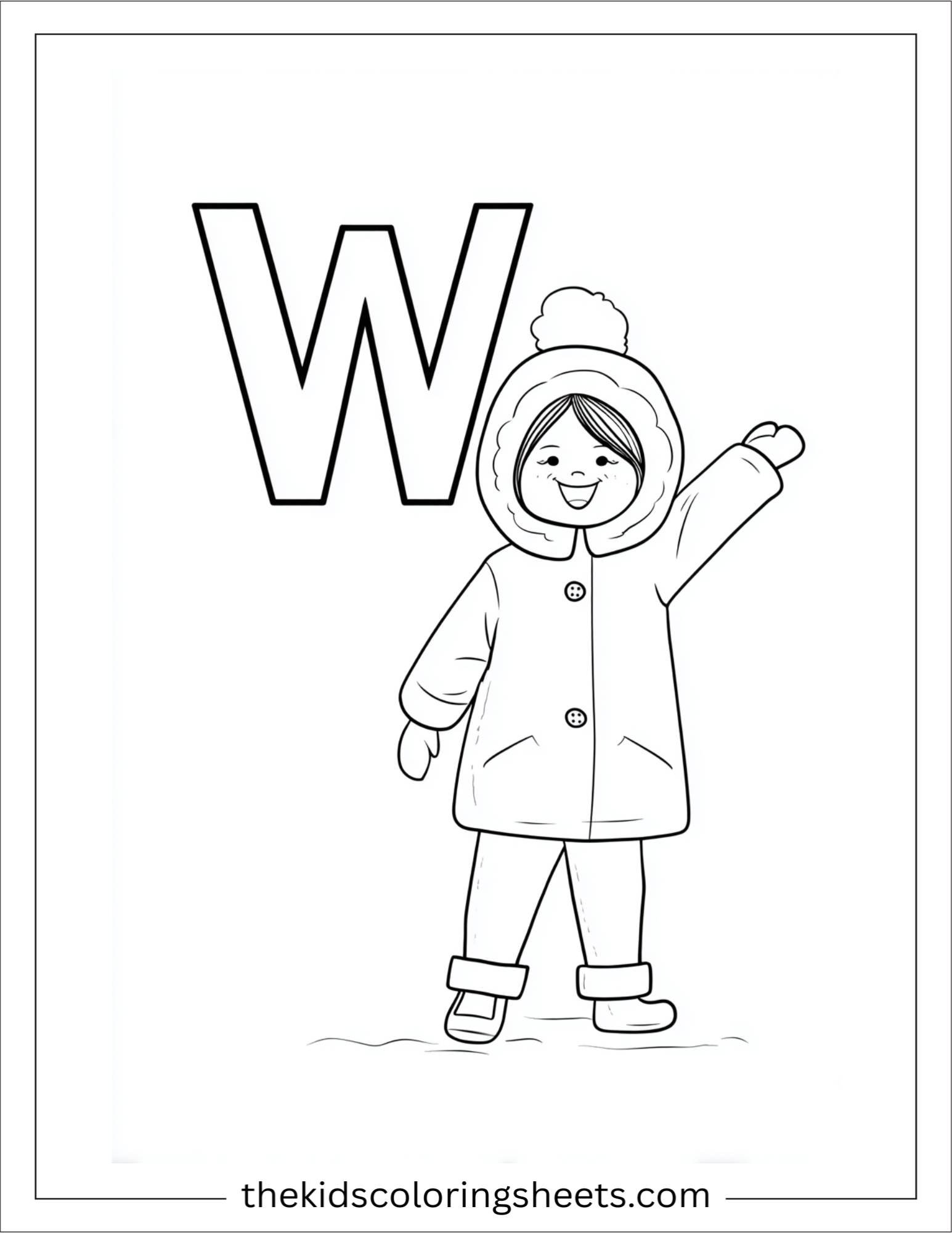 alphabet W winter coat coloring page