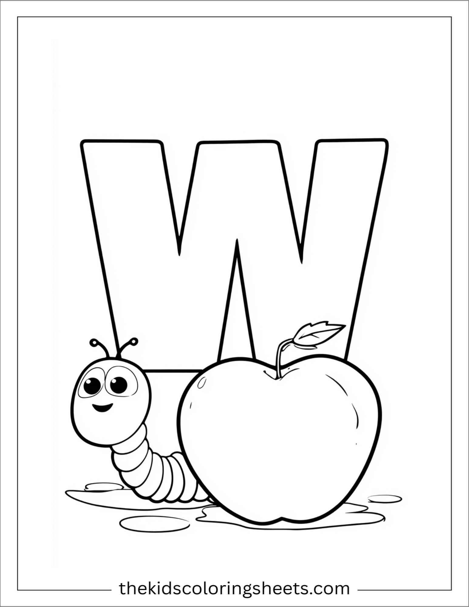 alphabet W worm apple coloring page