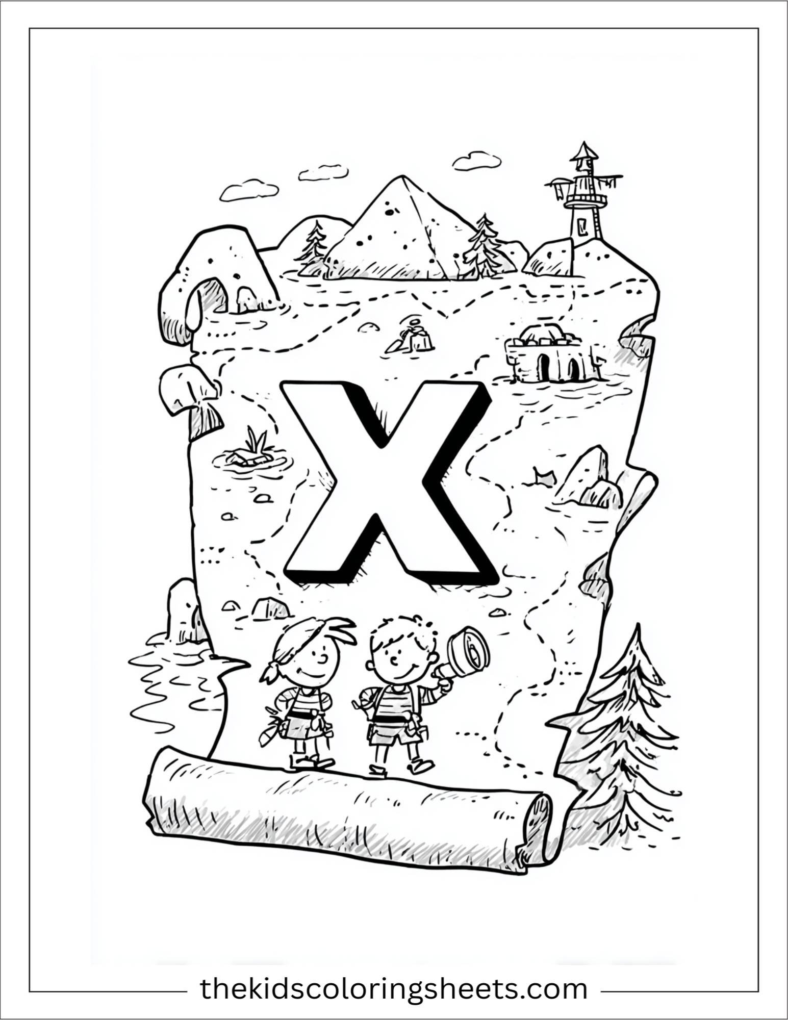 alphabet X treasure map coloring page