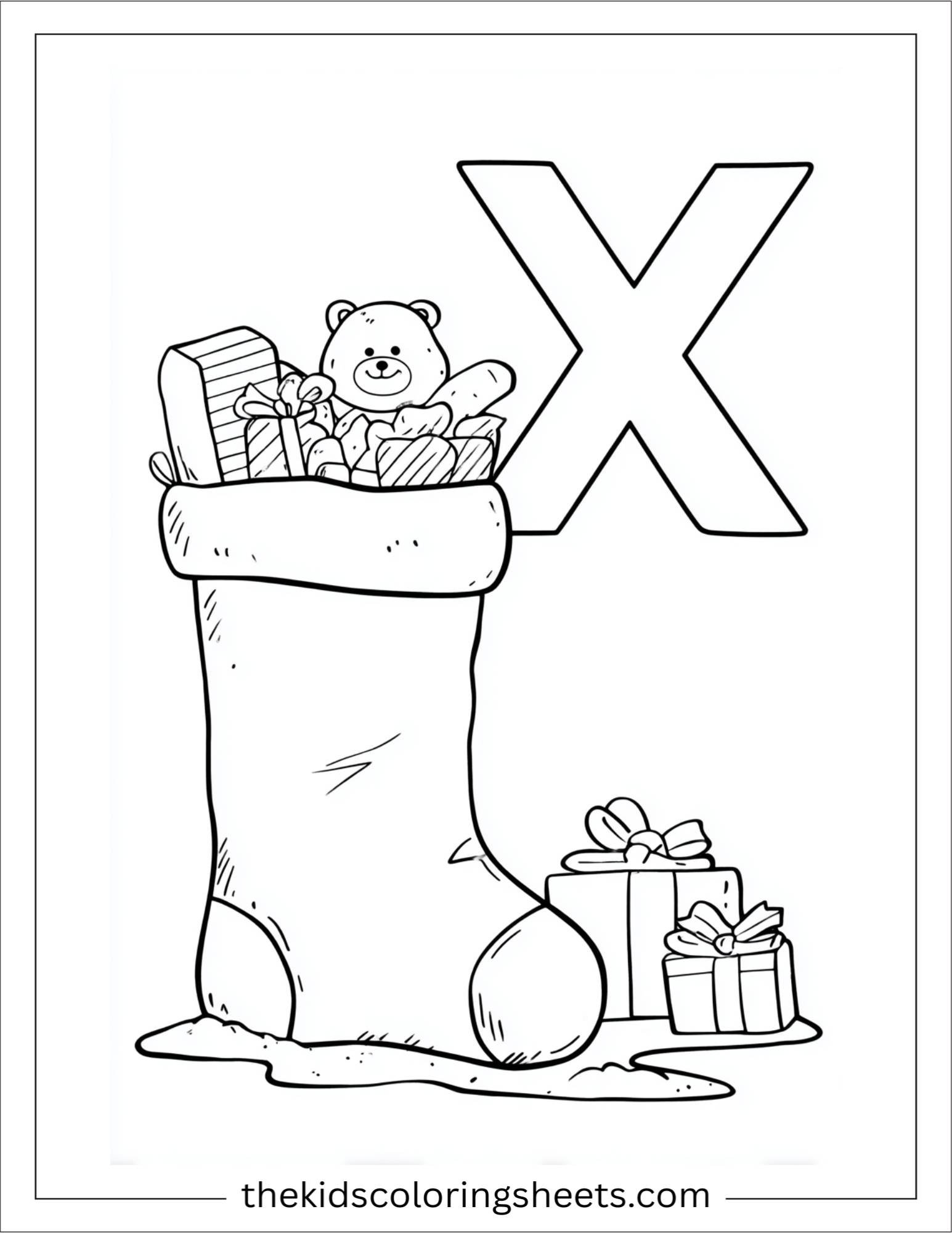alphabet X xmas stocking coloring page