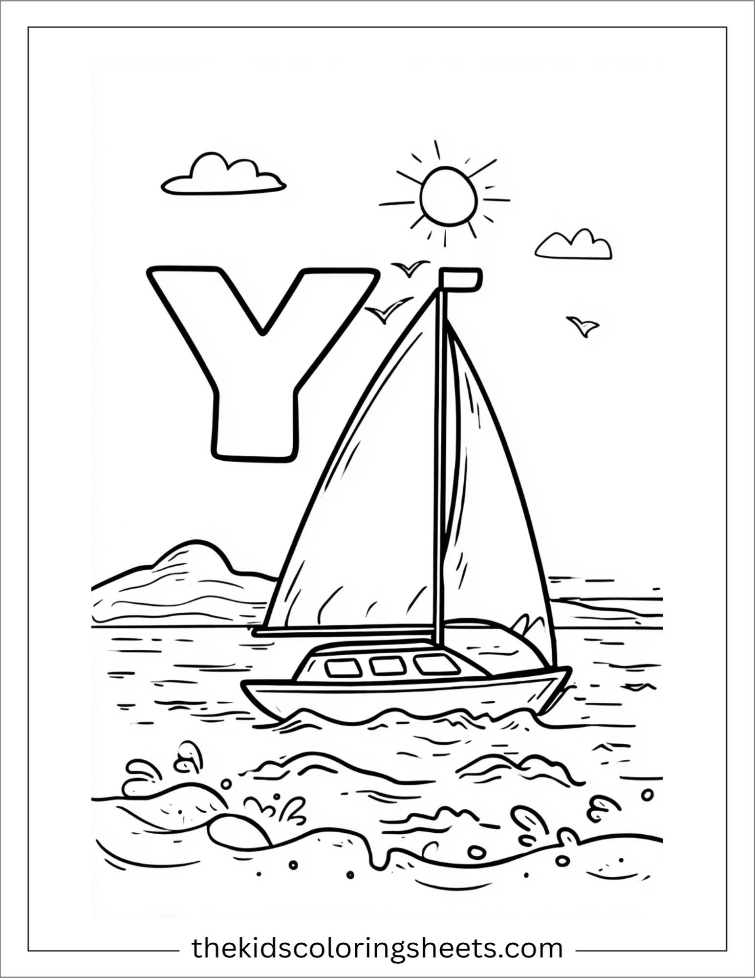 alphabet Y yacht ocean coloring page