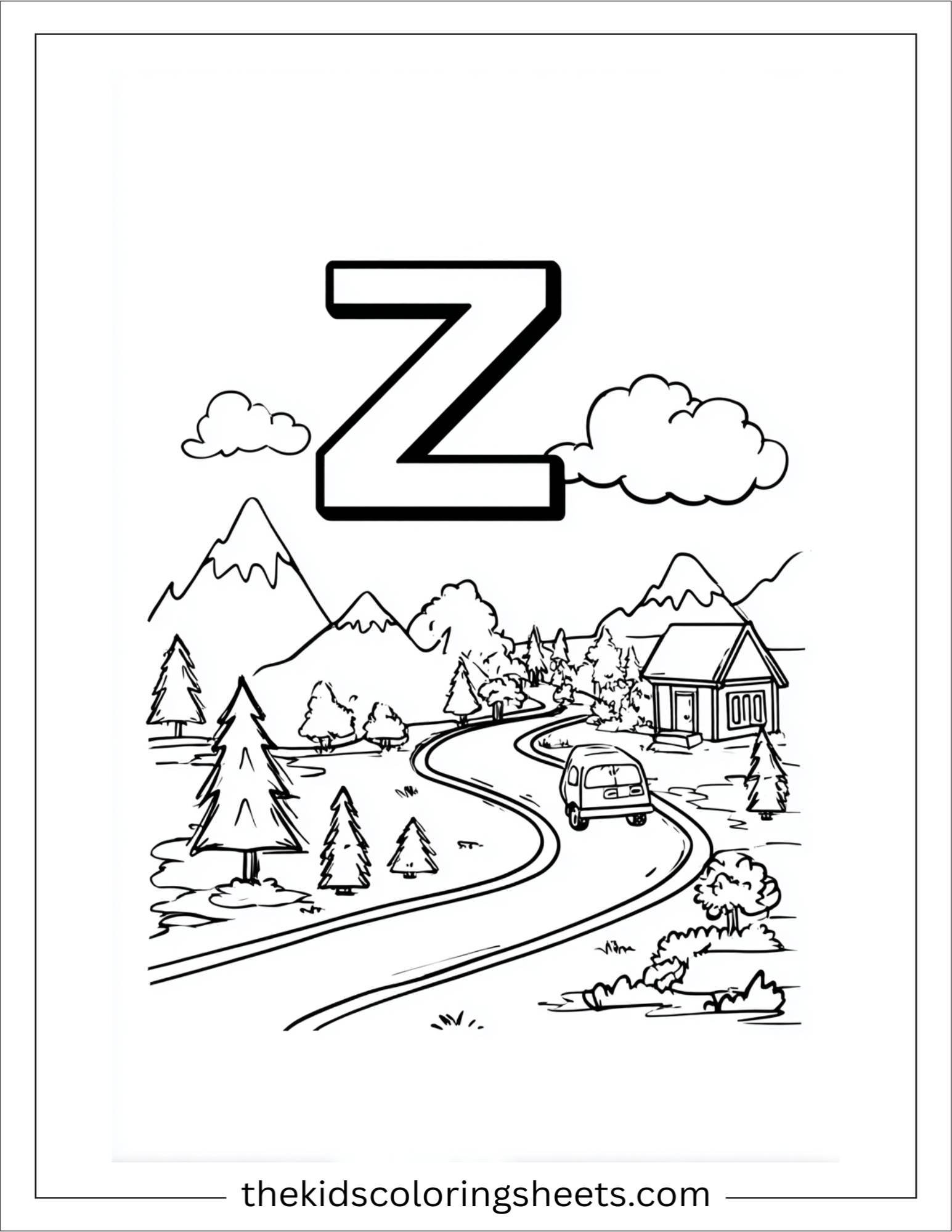 alphabet Z zigzag road coloring page