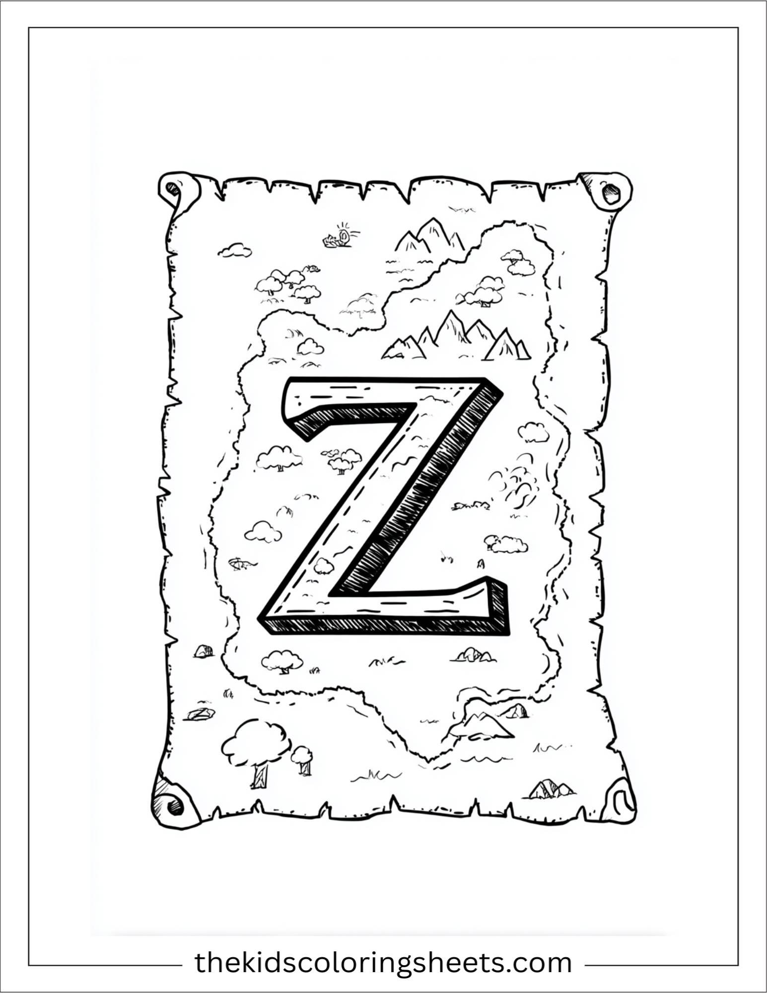 alphabet Z zigzag road map coloring page