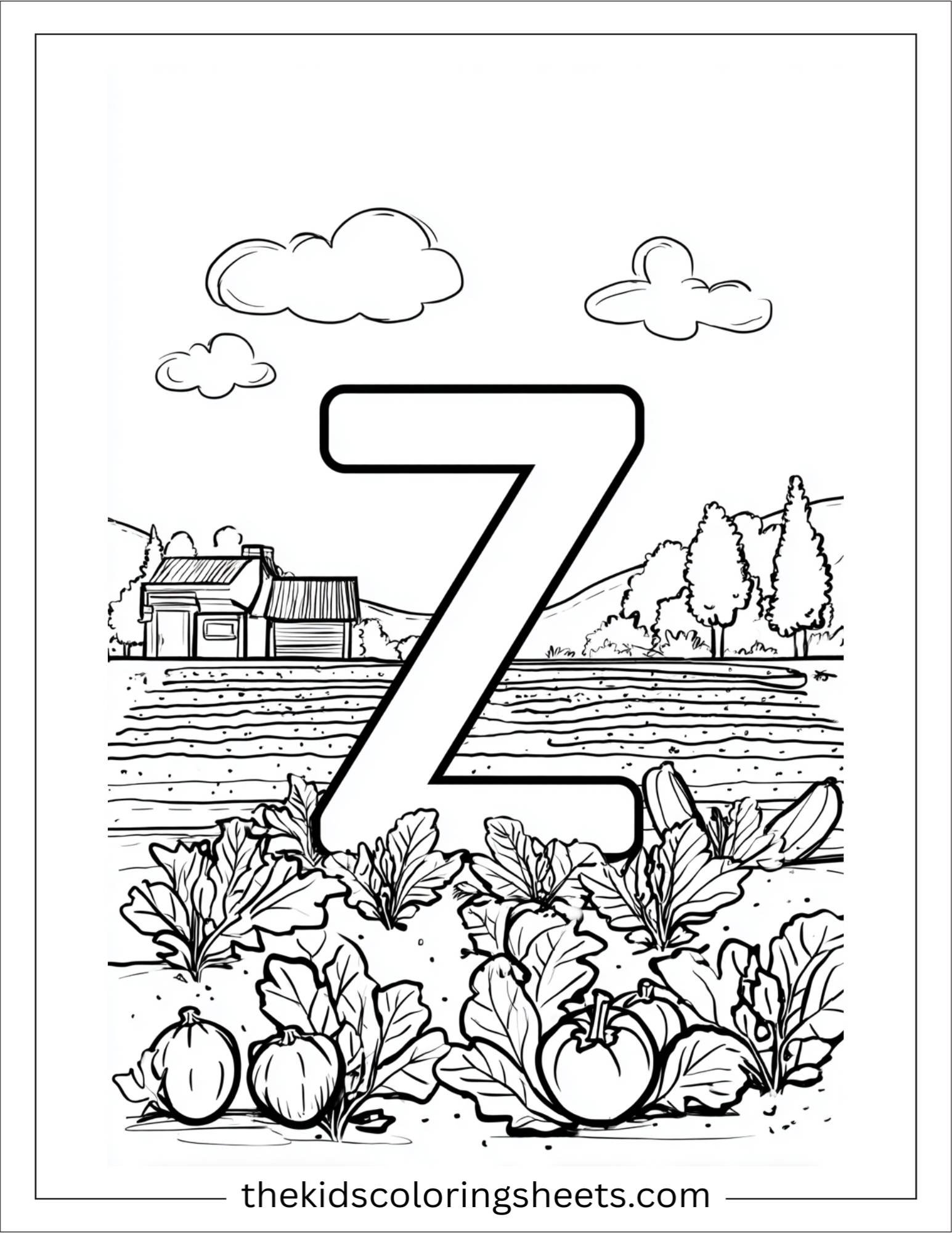 alphabet Z zucchini farm coloring page