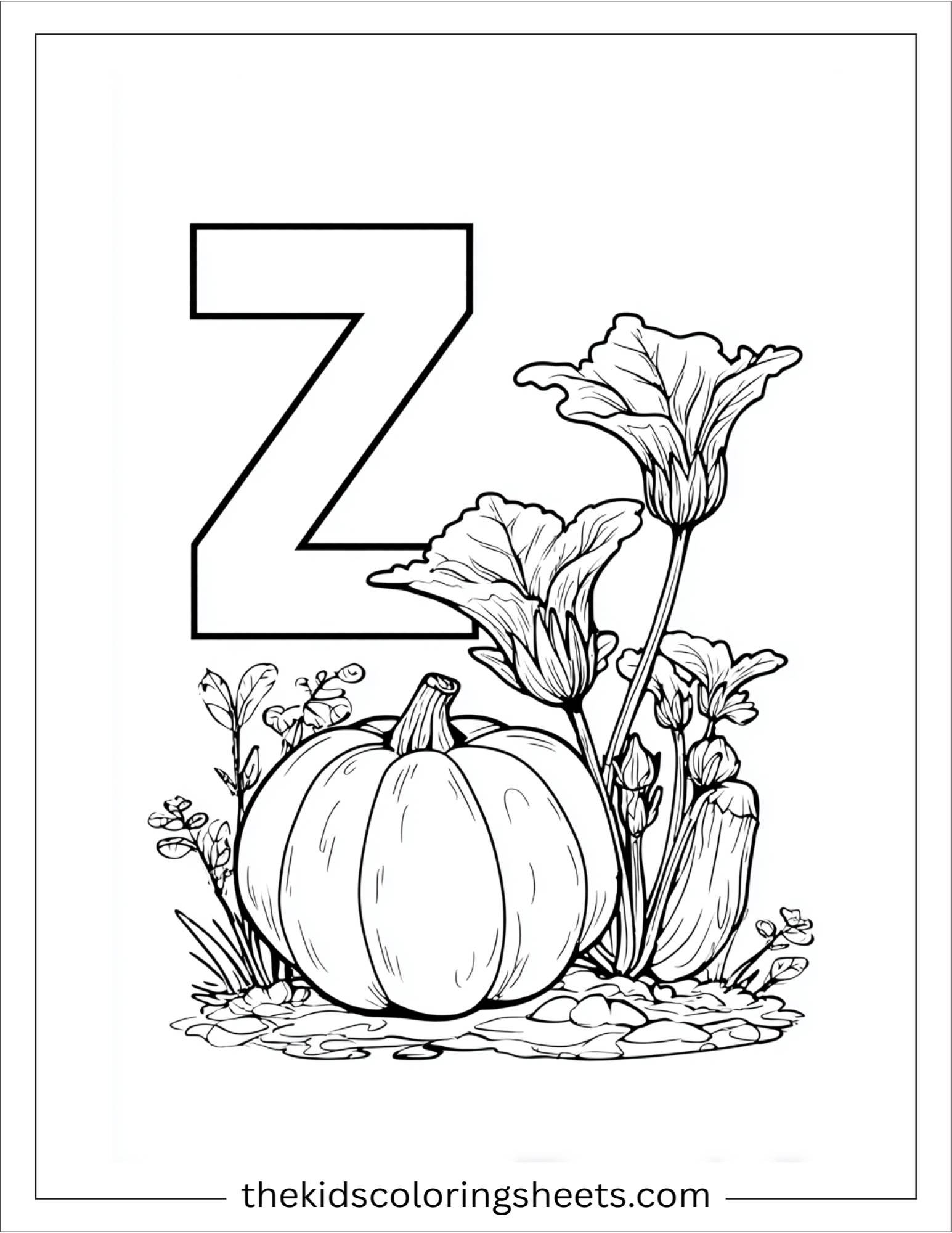 alphabet Z zucchini garden coloring page